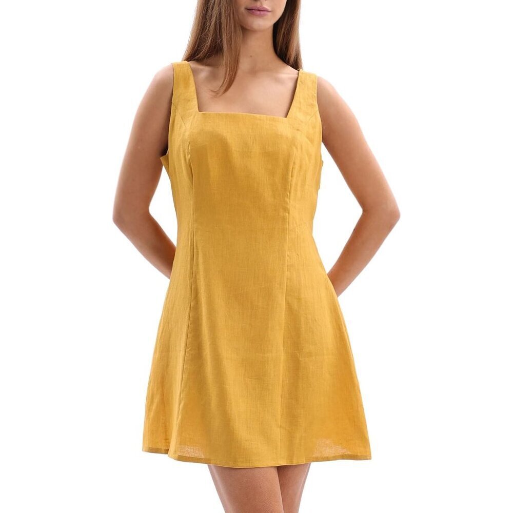 Women's Linen Mini Dress Sleeveless Square Neck Casual Summer Large